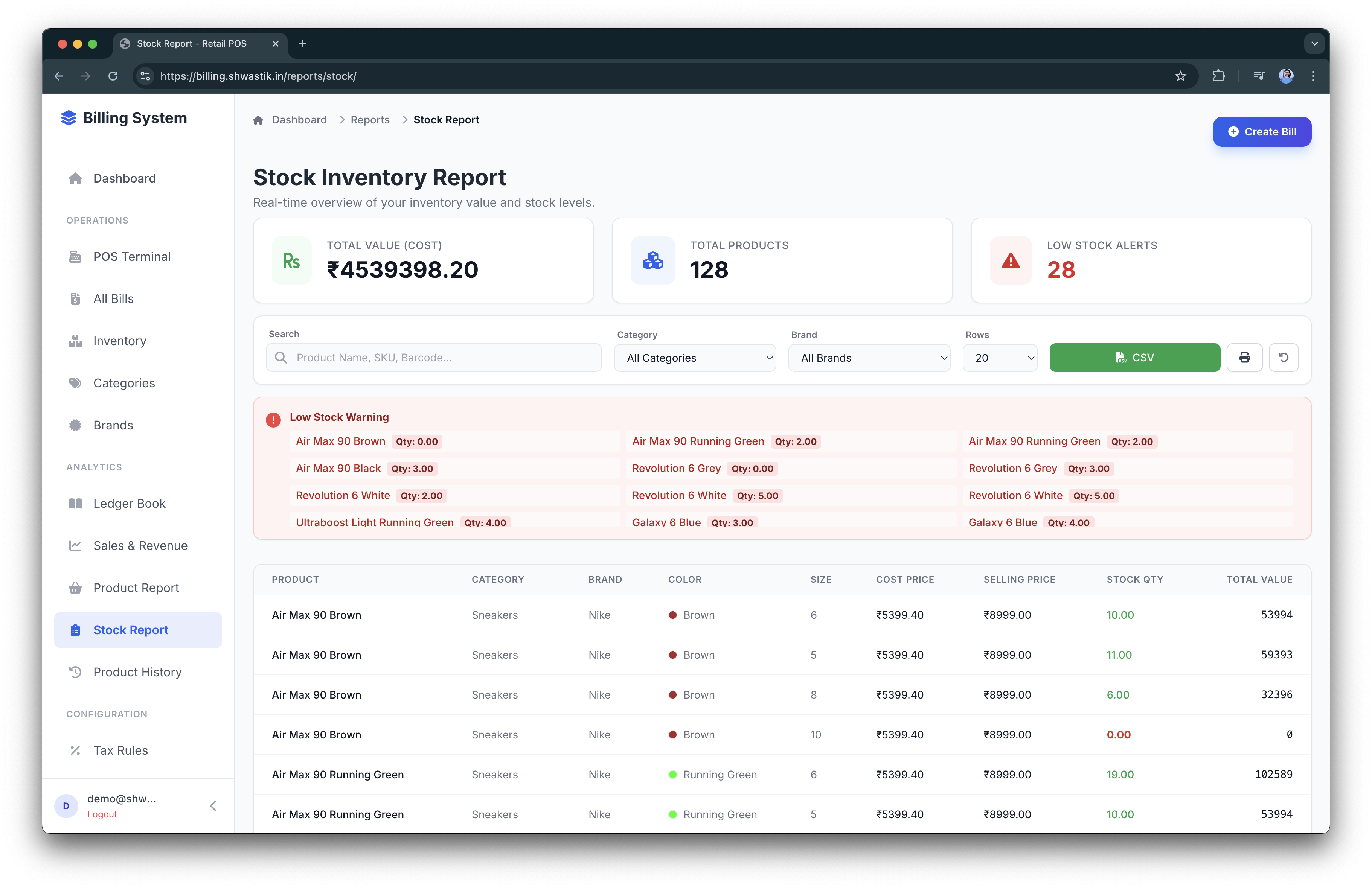 Shwastik Billing Stock Report